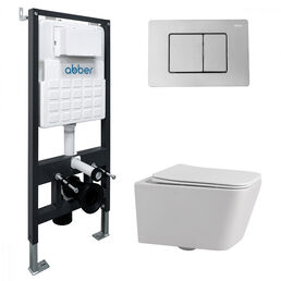 Комплект подвесного унитаза с инсталляцией Abber Rechteck AC1201-AC0105-AC0120 безободковый, крышка с микролифтом, белый, кнопка хром