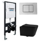 Комплект подвесного унитаза с инсталляцией Abber Rechteck AC1201MB-AC0105-AC0120 безободковый, черный матовый, кнопка хром