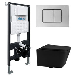 Комплект подвесного унитаза с инсталляцией Abber Rechteck AC1201MB-AC0105-AC0120 безободковый, черный матовый, кнопка хром