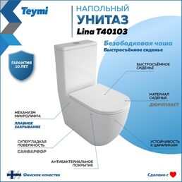 Безободковый напольный унитаз Teymi Lina T40103 ЦБ-00264840