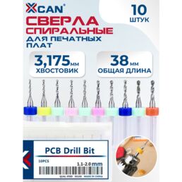 Набор сверл спиральных XCAN для печатных плат 1,1 - 2,0 мм, 10 шт.