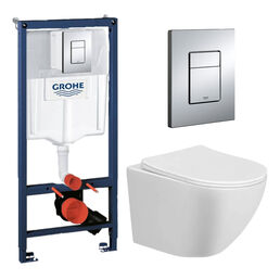 Комплект Унитаз подвесной Taliente Amato безободковый + Инсталляция Grohe Rapid SL + Кнопка смыва хром