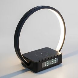 Интерьерная настольна лампа диммируемая светодиодная с регулировокой яркости выключателем и беспроводным ЗУ будильником часами 80505/1 Eurosvet Timelight черный
