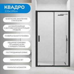 Душевая дверь в нишу 120х195 см. Квадро стекло прозрачное, профиль черный, покрытие Антикапля (Easy Clean)