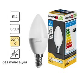 Лампа светодиодная Lexman E14 175-250 В 6.5 Вт свеча 600 лм теплый белый цвет света