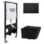 Комплект подвесного унитаза с инсталляцией Abber Rechteck AC1201MB-AC0105-AC0120MB безободковый, крышка с микролифтом, черный матовый, кнопка черная