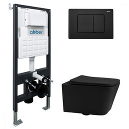 Комплект подвесного унитаза с инсталляцией Abber Rechteck AC1201MB-AC0105-AC0120MB безободковый, крышка с микролифтом, черный матовый, кнопка черная