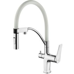 Смеситель для кухонной мойки Lemark Comfort LM3074C-White под фильтр, с гибким изливом, хром/белый