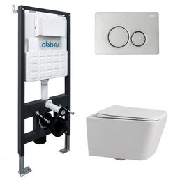 Комплект подвесного унитаза с инсталляцией Abber Rechteck AC1201-AC0105-AC0121 безободковый, крышка с микролифтом, белый, кнопка хром