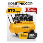 Компрессор безмаслянный малошумный Denzel DLS 3300/100 3300 Вт, 3х1100, 100 л, 570 л/мин блок упр 58032
