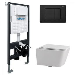 Комплект подвесного унитаза с инсталляцией Abber Rechteck AC1201-AC0105-AC0120MB безободковый, крышка с микролифтом, белый, кнопка черная