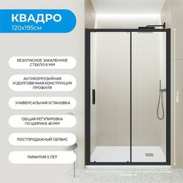 Душевая дверь в нишу 120х195 см. Квадро прозрачное стекло, профиль черный