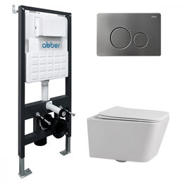 Комплект подвесного унитаза с инсталляцией Abber Rechteck AC1201-AC0105-AC0121NG безободковый, белый, кнопка никель