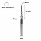Фреза спиральная двухзаходная конусная сферическая XCAN 0,25х30,5х6х75 мм, покрытие TiALN
