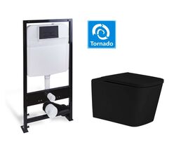 Комплект SantiLine SL-5027MB+SL-04 унитаз безободковый, с системой смыва Tornado + инсталляция с кнопкой, черный матовый