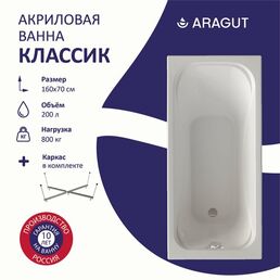 Акриловая ванна ARAGUT Классик 160х70 прямоугольная, в комплекте с каркасом, белая