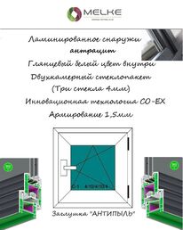 Окно пластиковое 600х900 Melke, правое одностворчатое, поворотно-откидное, 2-х камерный стеклопакет, 3 стекла, внешняя ламинация Антрацит