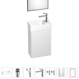 Тумба с раковиной Wellsee WC Area 40 R подвесная, белый матовый (зеркало, донный клапан, сифон, смеситель, угловые вентили (цвет набора хром))