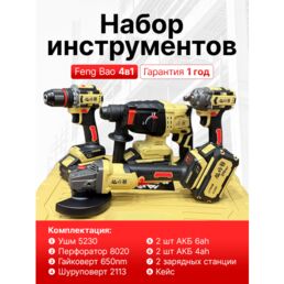 Аккумуляторный набор инструментов Feng Bao 4 в 1. 4 АКБ 6.0x2; 4.0x2, 2 зарядки