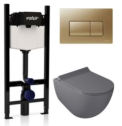 Комплект унитаз с инсталляцией Valsir KIT VSMG 7317GM Slim P1 + сиденье + кнопка золото матовое