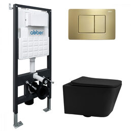 Комплект подвесного унитаза с инсталляцией Abber Rechteck AC1201MB-AC0105-AC0120MMG безободковый, крышка с микролифтом, черный матовый, кнопка золото