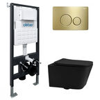 Комплект подвесного унитаза с инсталляцией Abber Rechteck AC1201MB-AC0105-AC0121MMG безободковый, крышка с микролифтом, черный матовый, кнопка золото