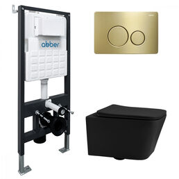 Комплект подвесного унитаза с инсталляцией Abber Rechteck AC1201MB-AC0105-AC0121MMG безободковый, крышка с микролифтом, черный матовый, кнопка золото