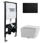 Комплект подвесного унитаза с инсталляцией Abber Rechteck AC1201-AC0105-AC0121MB безободковый, крышка с микролифтом, белый, кнопка черная