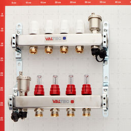 Коллекторная группа с расходомерами нержавеющая сталь Valtec 1 ВР(г) х 4 выхода 3/4 НР(ш) ЕК х 1 ВР(г)