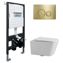 Комплект подвесного унитаза с инсталляцией Abber Rechteck AC1201-AC0105-AC0121MMG безободковый, крышка с микролифтом, белый, кнопка золото