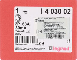 УЗО Legrand TX3 63А 1P+N тип AC 30 мА 10 кА (403002)