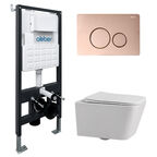 Комплект подвесного унитаза с инсталляцией Abber Rechteck AC1201-AC0105-AC0121RG безободковый, белый, кнопка розовое золото