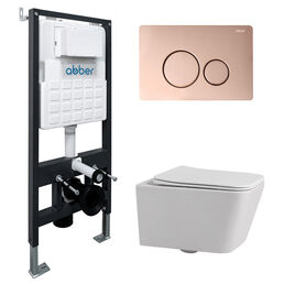 Комплект подвесного унитаза с инсталляцией Abber Rechteck AC1201-AC0105-AC0121RG безободковый, белый, кнопка розовое золото