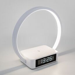 Интерьерная настольна лампа диммируемая светодиодная с регулировокой яркости выключателем и беспроводным ЗУ будильником часами 80505/1 Eurosvet Timelight белый