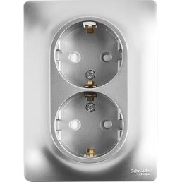 Розетка двойная встраиваемая Systeme Electric Glossa с заземлением со шторками в сборе цвет алюминий