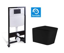 Комплект подвесной унитаз с инсталляцией SantiLine SL-5027MB+SL-04 безободковый, с сиденьем микролифт, черный